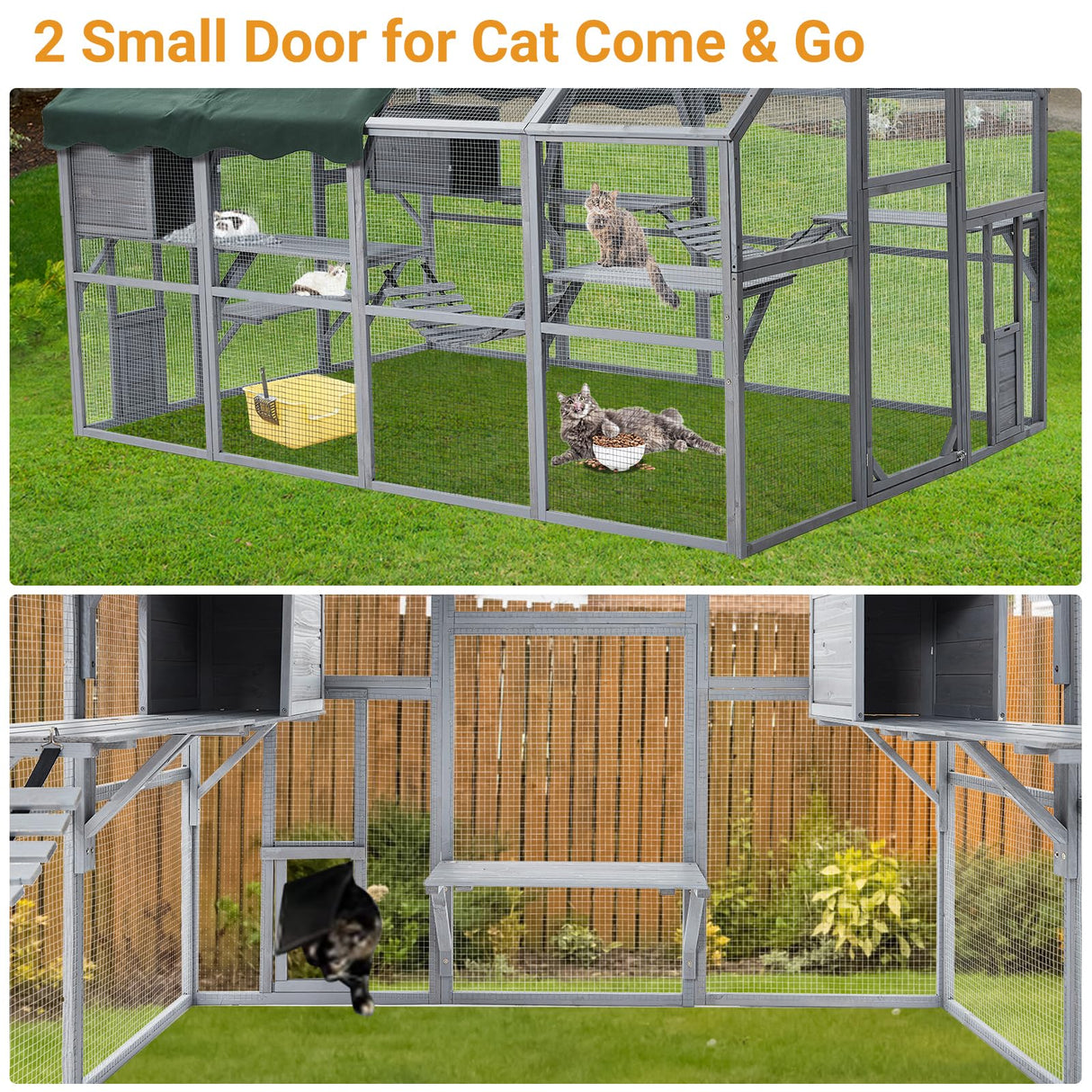 Grvee Cat Run Large Cat Enclosure Wooden Cat Catio Outdoor Kitty House with Bridges, Walks, Small Houses, Roof Cover 110 Inch Garvee