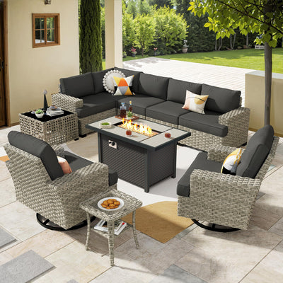HOOOWOOO Outdoor Sectional Patio Furniture Set with Fire Pit Table,10 Pieces Wicker Conversation Sets L Shaped Couch,Extra Deep Out Door Sofa Outside Furniture with Swivel Chairs,Black