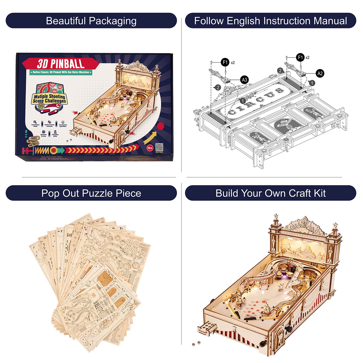 3D Wooden Puzzles Bundled Set Contains Magic Piano Model Kit and 3D Pinball Machine EG01 rowood
