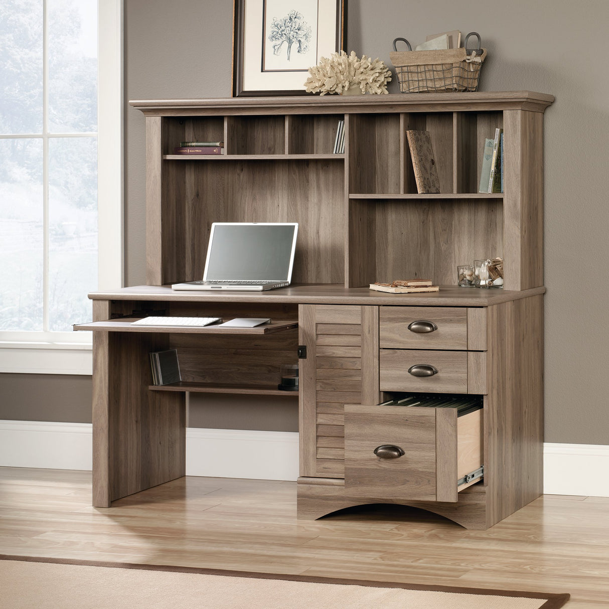 Sauder Harbor View Desk W/hutch, L: 62.13" x W: 23.39" x H: 57.52", Salt Oak Finish Sauder
