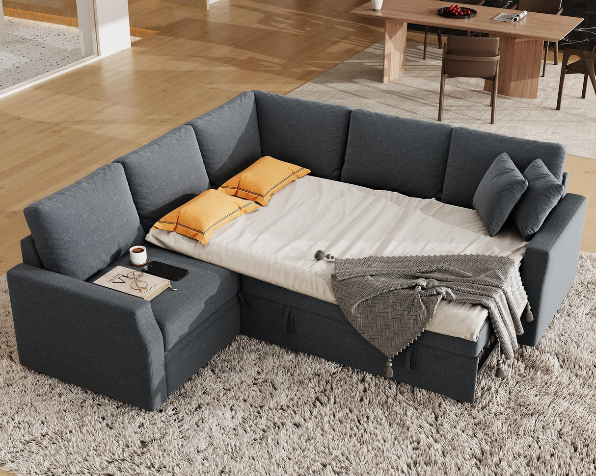 Jocisland Sofa Bed, 85 Inch Sleeper Sofa with Pull Out Bed & Storage Seat, Oversized L Shape Sectional Sofa for Living Room Apartment, Grey Linen Reversible Couch Jocisland