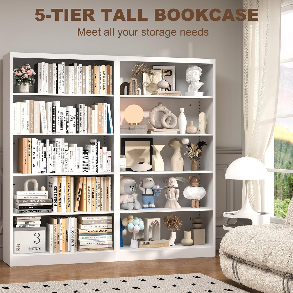 DUTYSEST Book Shelf Organizer, Metal Bookshelves Adjustable, 5 Tier White Bookcase, Heavy Duty Open Bookshelf for Office, Living Room, Library, Bedroom, 65.8" Tall DUTYSEST