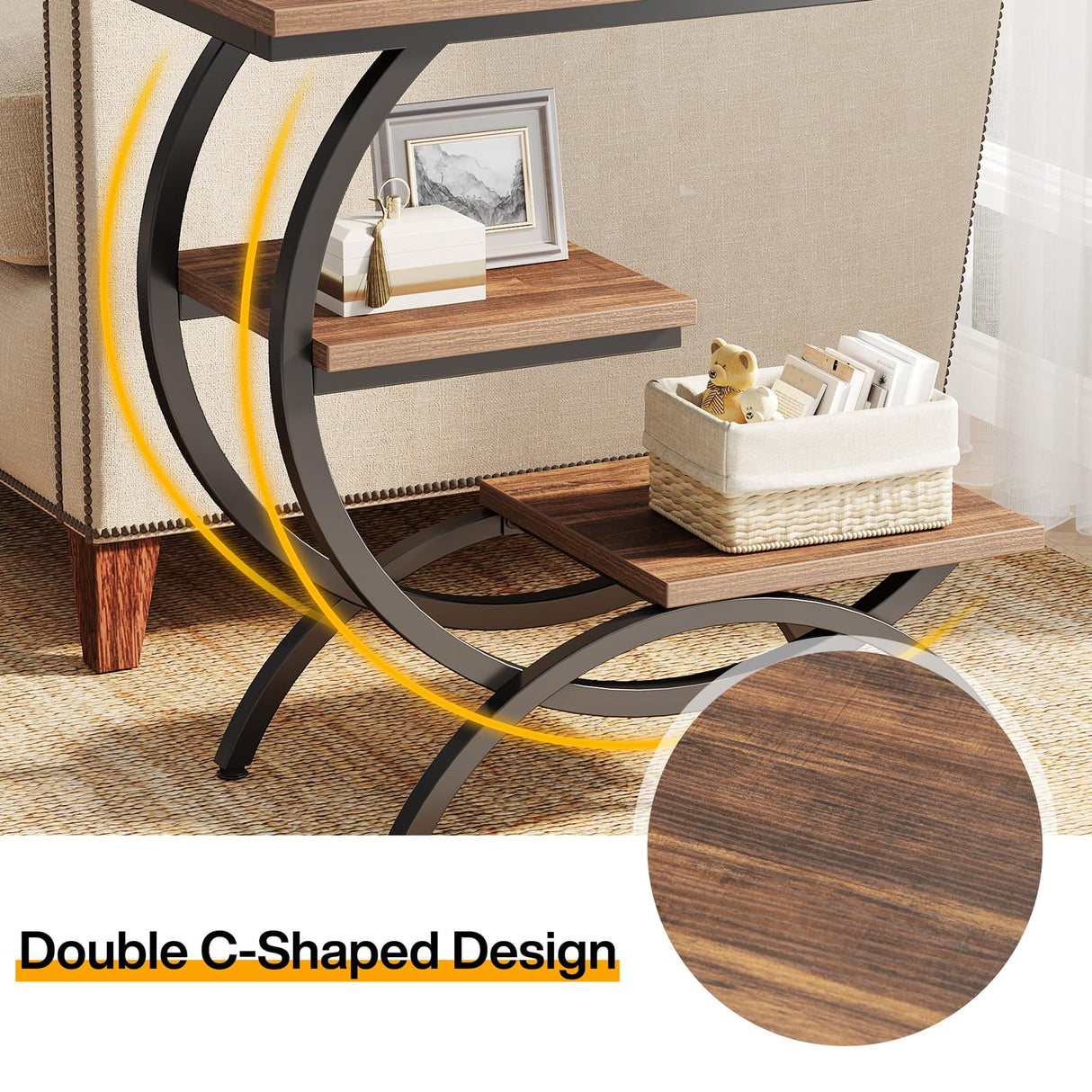 Tribesigns C-Shaped End Table, Industrial 3-Tier Small Side Table for Couch, Wood Bedside Table Snack Side Table with Storage Shelves for Living Room Small Space, Dark Brown Tribesigns