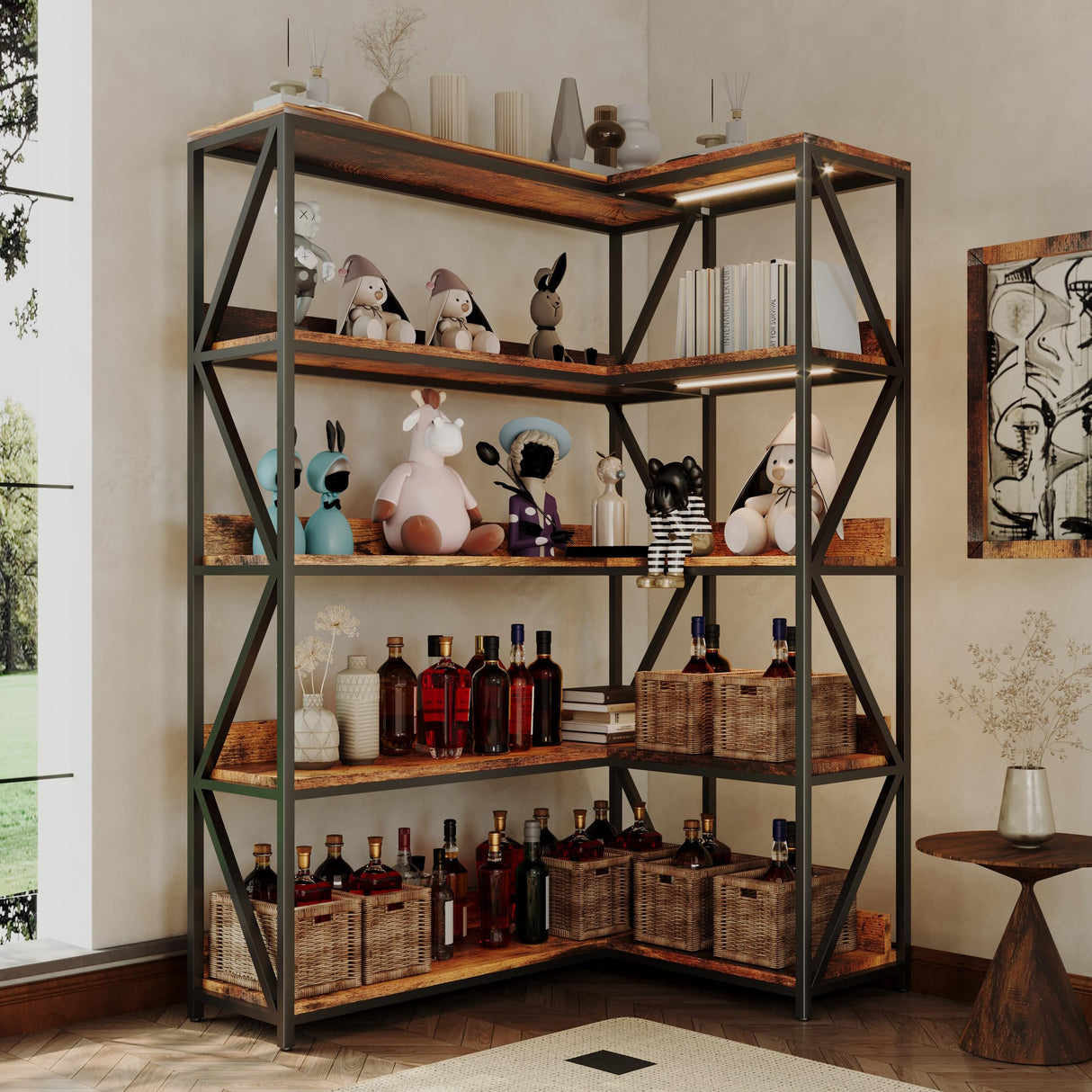 5 Tier Bookshelves with LED Plant Grow Lights, Convertible Corner Bookshelf with Baffles, 70" Tall Industrial Bookcase, Display Shelf, Wood Shelves with Metal Frame for Living Room Bedroom Home Office CHIESMA