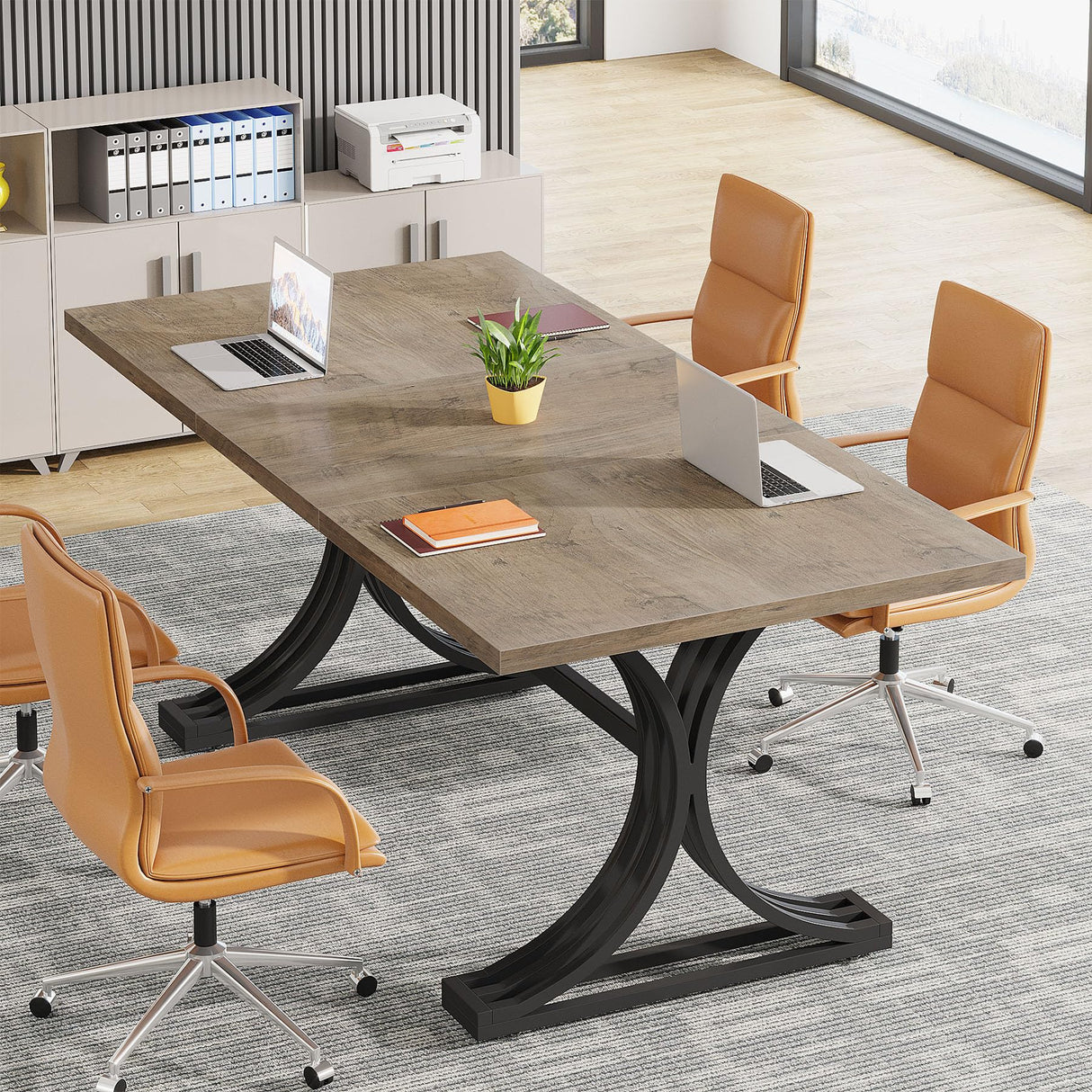 Tribesigns 5FT Conference Table for 4 to 6, 63" W x 31.5" D Modern Meeting Table with Trestle Legs, Grey and Black Business Seminar Tables for Home Office (Grey+Black) Tribesigns