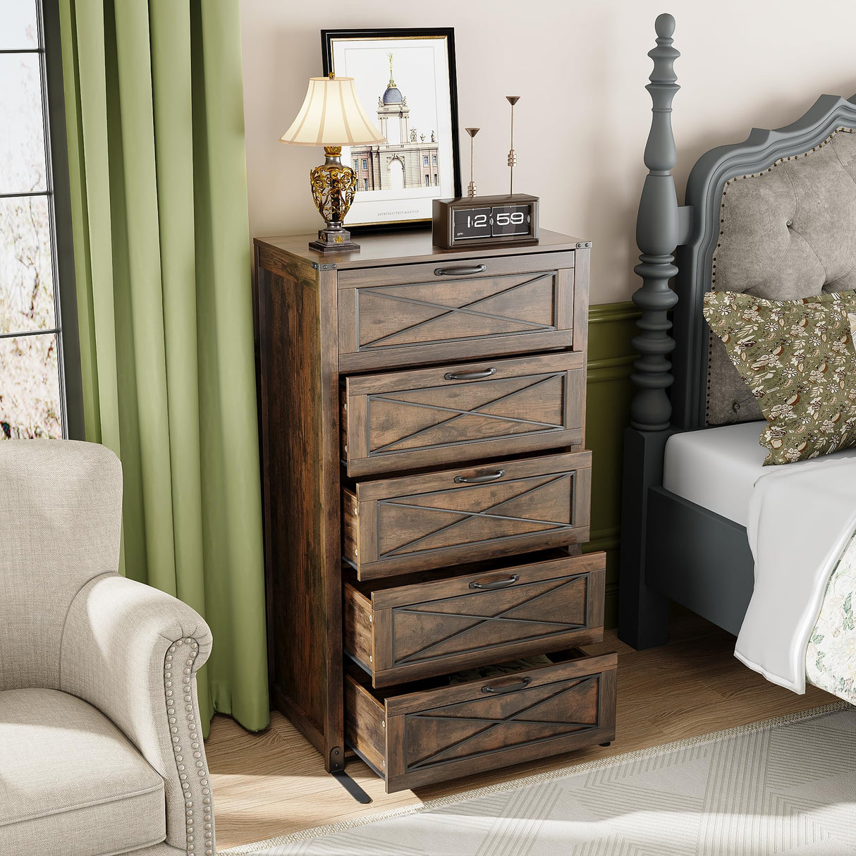 Maupvit 5 Drawers Dresser for Bedroom,Farmhouse Tall Wooden Dresser & Chests of Drawers,Large Storage Organizer for Closet, Hallway, Entryway,Living Room (Brown) Maupvit