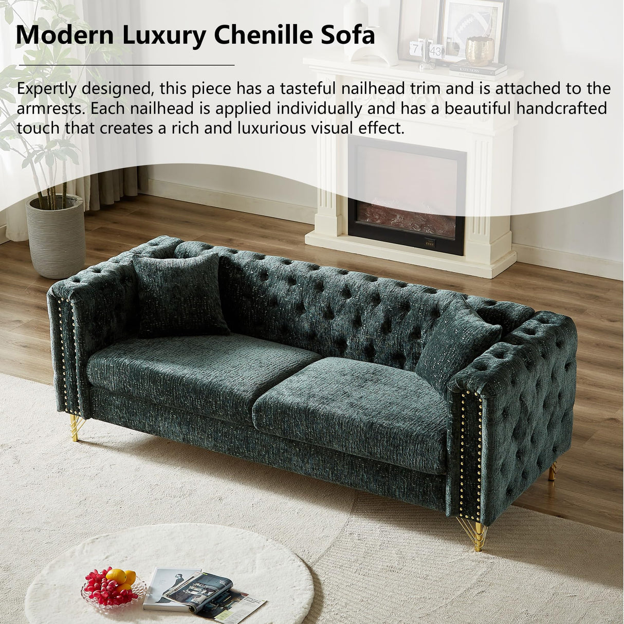 Nestglow Luxury Chenille Buttons Tufted Sofa, 82'' Sectional Sofa, Modern 3 Seater Deep Sectional Couch with Copper Nail Decoration and Gold Metal Legs for Living Room, Bedroom, Apartment, Green Nestglow