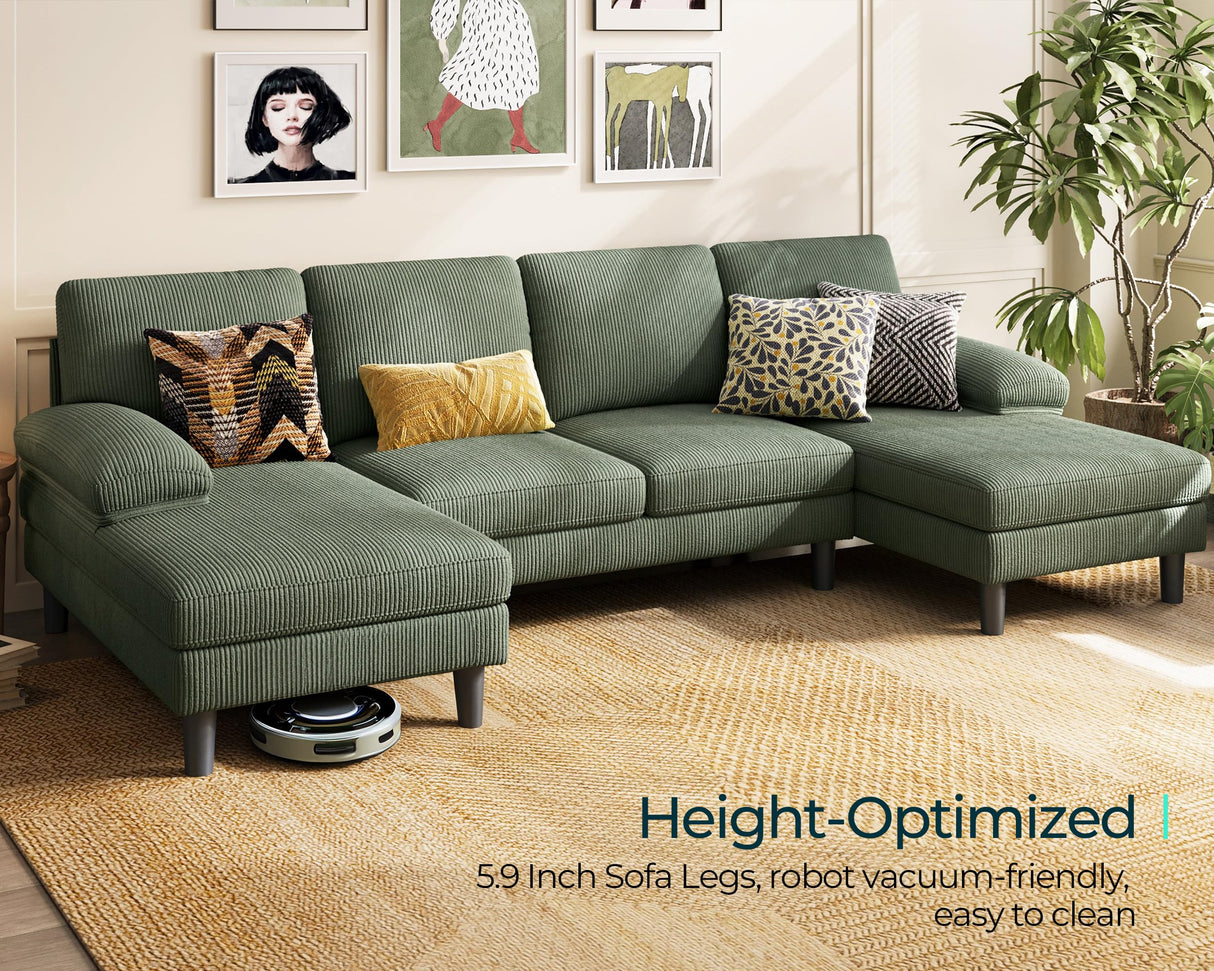 LINSY HOME U Sectional Couch, 111'' W Corduroy Sofa with Sleepable Armrests, 4 Seat Couch with Double Chaises, Deep Sofa for Living Room, Army Green LINSY HOME