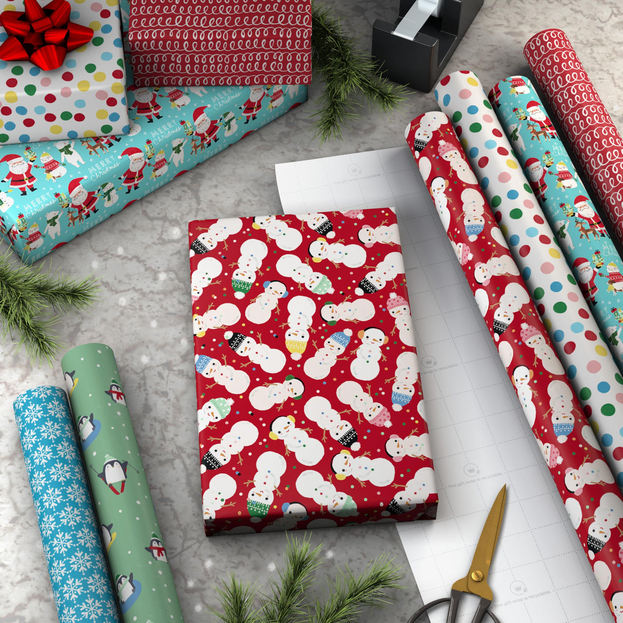 Hallmark Kids Christmas Wrapping Paper Rolls with Cutlines on Reverse (6 Rolls: 180 Sq. Ft. Total) Snowman, Snowflakes, Penguins, Santa Claus Hallmark