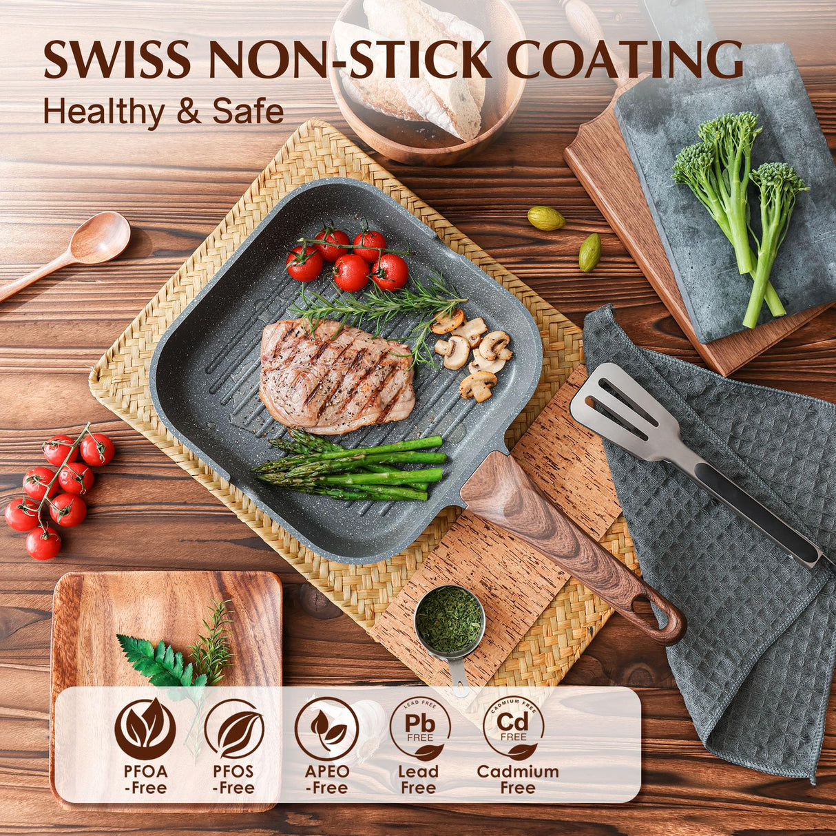 SENSARTE Nonstick Grill Pan for Stove Tops, Versatile Griddle with Pour Spouts, Square Big Cooking Surface, Durable Skillet Indoor & Outdoor Grilling. PFOA Free, 9.5 Inch SENSARTE