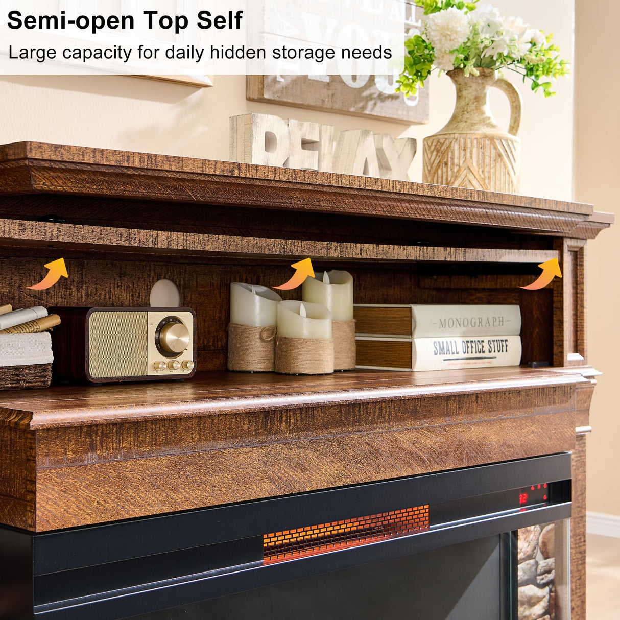 OKD 52" Electric Fireplace with Mantel, Freestanding Fireplace Heater TV Stand with 36" 3-Side Glass Insert for TVs Up to 65" with Storage Cabinet for Living Room, Reclaimed Barnwood OKD