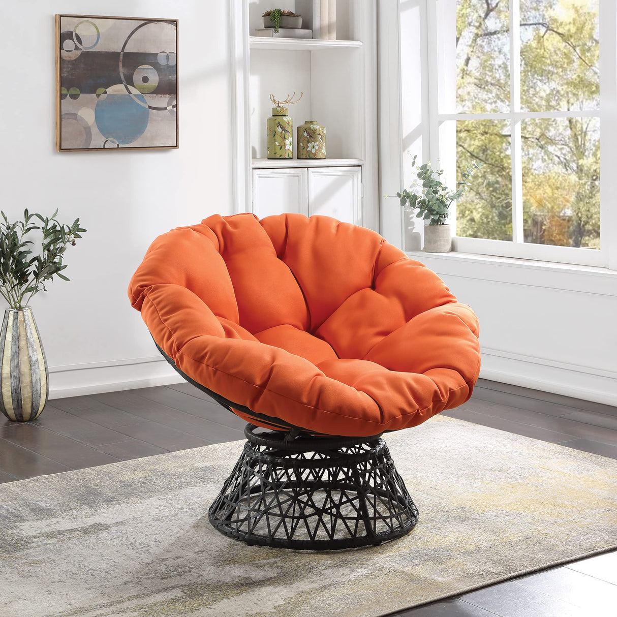 OSP Home Furnishings Wicker Papasan Chair with 360-Degree Swivel, Grey Frame with Orange Cushion OSP Home Furnishings