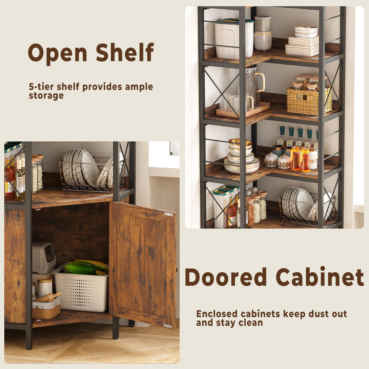 IRONCK Bookshelves 5 Tiers, Corner Bookshelf with Baffles, Bookcase and Bookshelf with Doors, Industrial Display Bookshelves for Living Room, Kitchen IRONCK