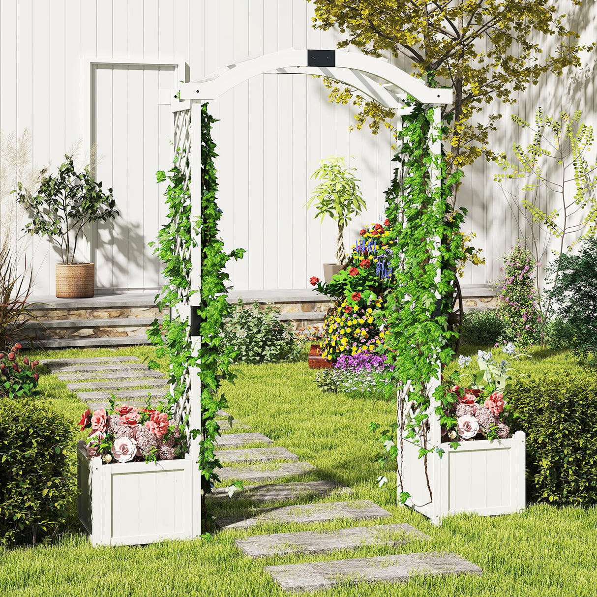 Happygrill Garden Arbor with Planter Boxes, Outdoor Wedding Arch with Trellis for Climbing Plants Vine Vegetables Herbs, Wooden Arbor Archway for Ceremony, Party (White) HAPPYGRILL