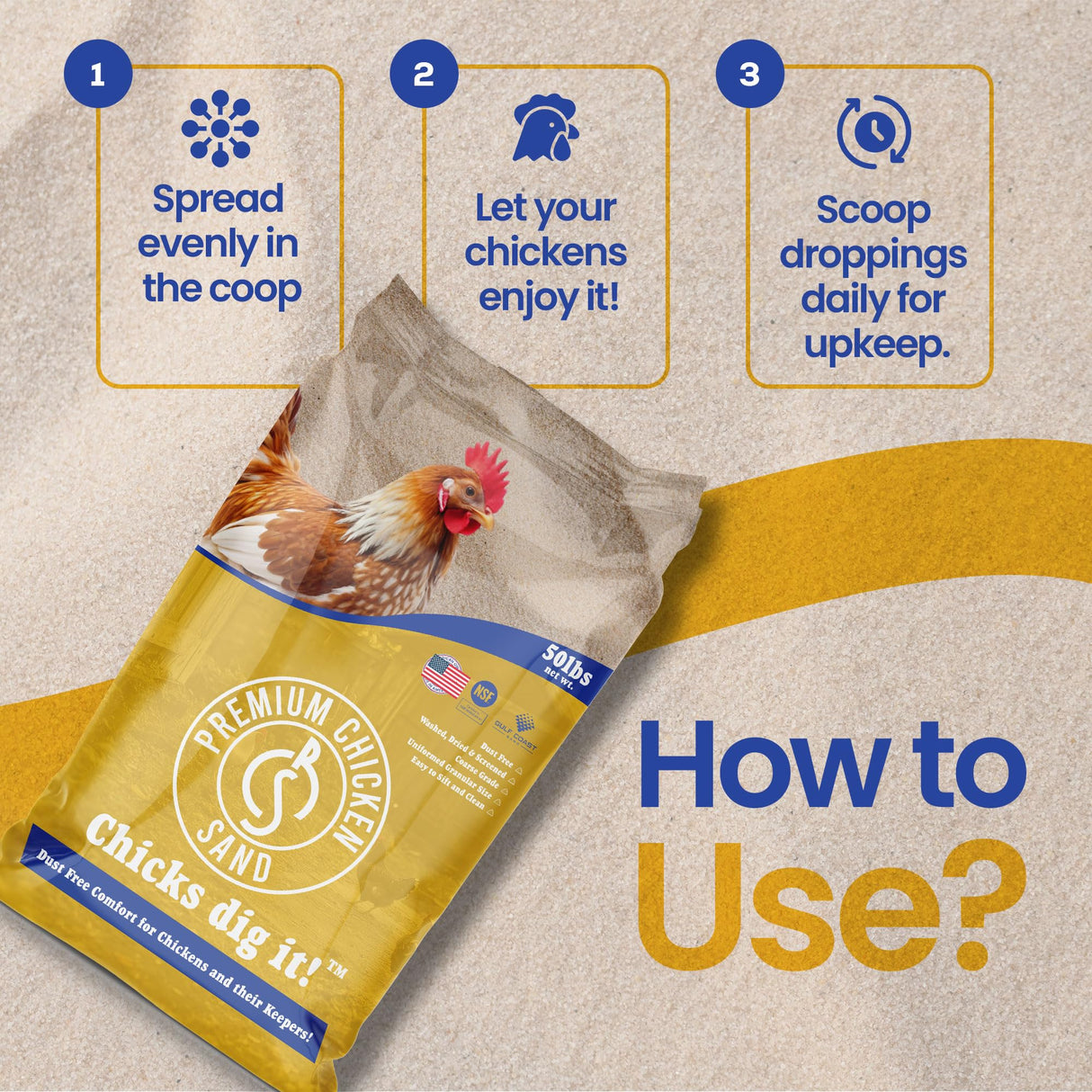 Premium Chicken Sand, 50 lb Bag Odor Eliminating Bedding for Chicken Coops, Nesting Boxes & Runs Premium Chicken Sand