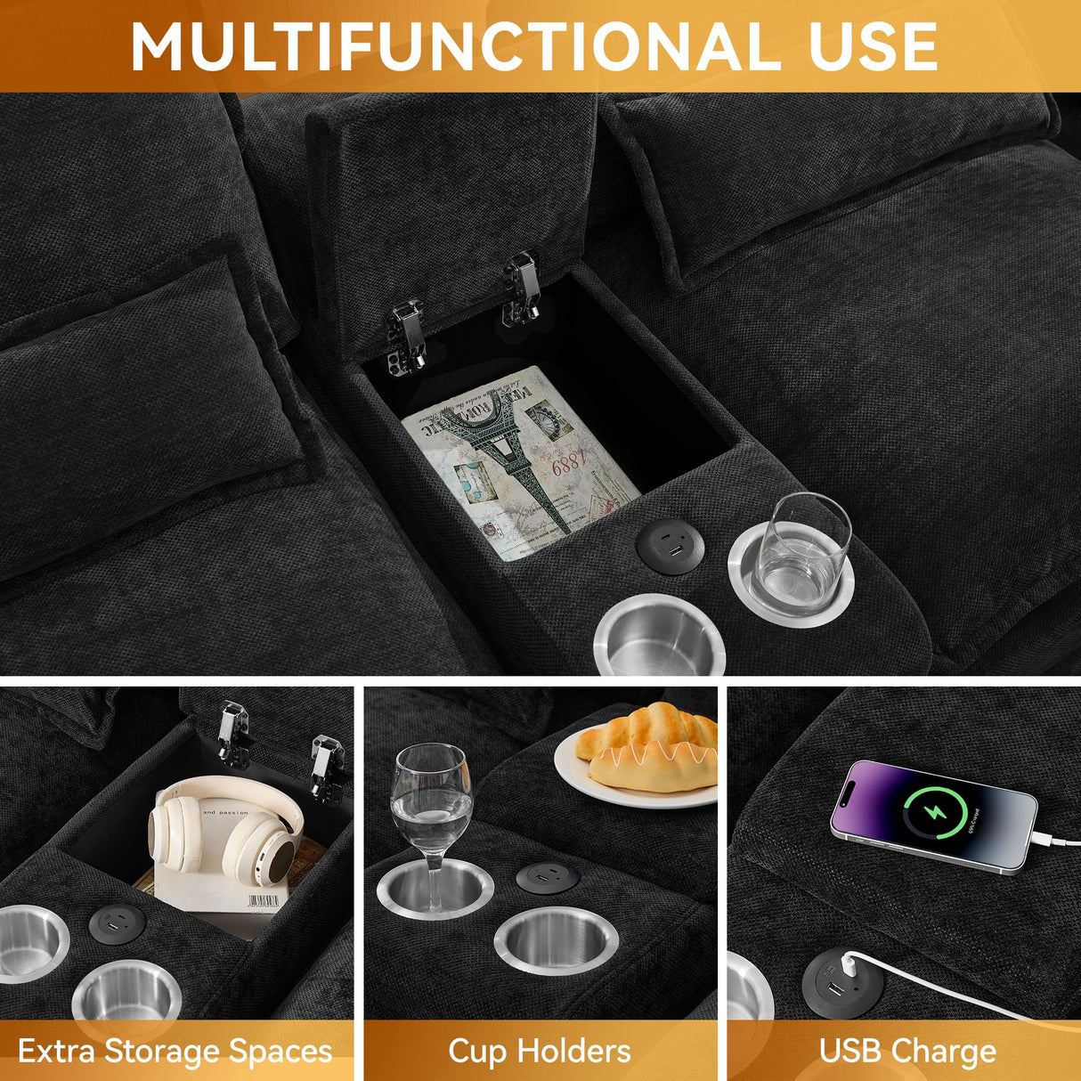 125'' U Shaped Cloud Modular Sofa with Chaise Lounges, Chenille Upholstered Comfy Sectional Couch with Storage Console, USB Charging Ports & Cup Holders, Modern Deep Seat Sofa for Living Room, Black WUTUTUEE