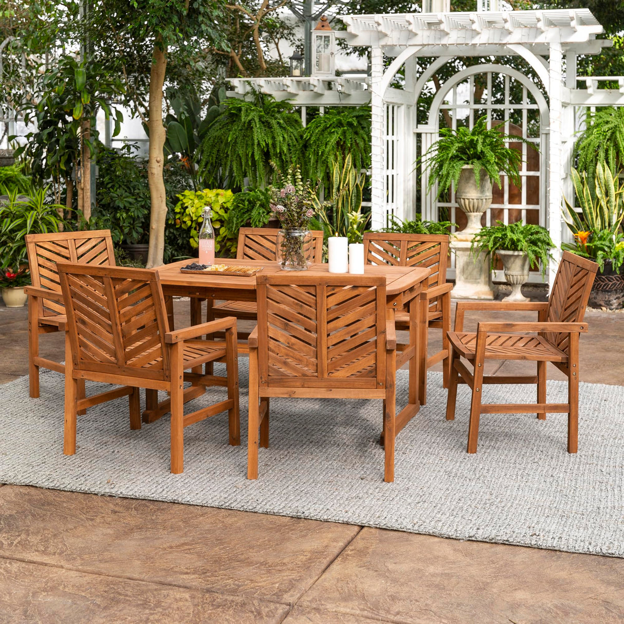 Walker Edison AZW7TXVINBR 6 Person Outdoor Wood Chevron Patio Furniture Dining Set Extendable Table Chairs All Weather Backyard Conversation Garden Poolside Balcony, 7 Piece, Brown Walker Edison