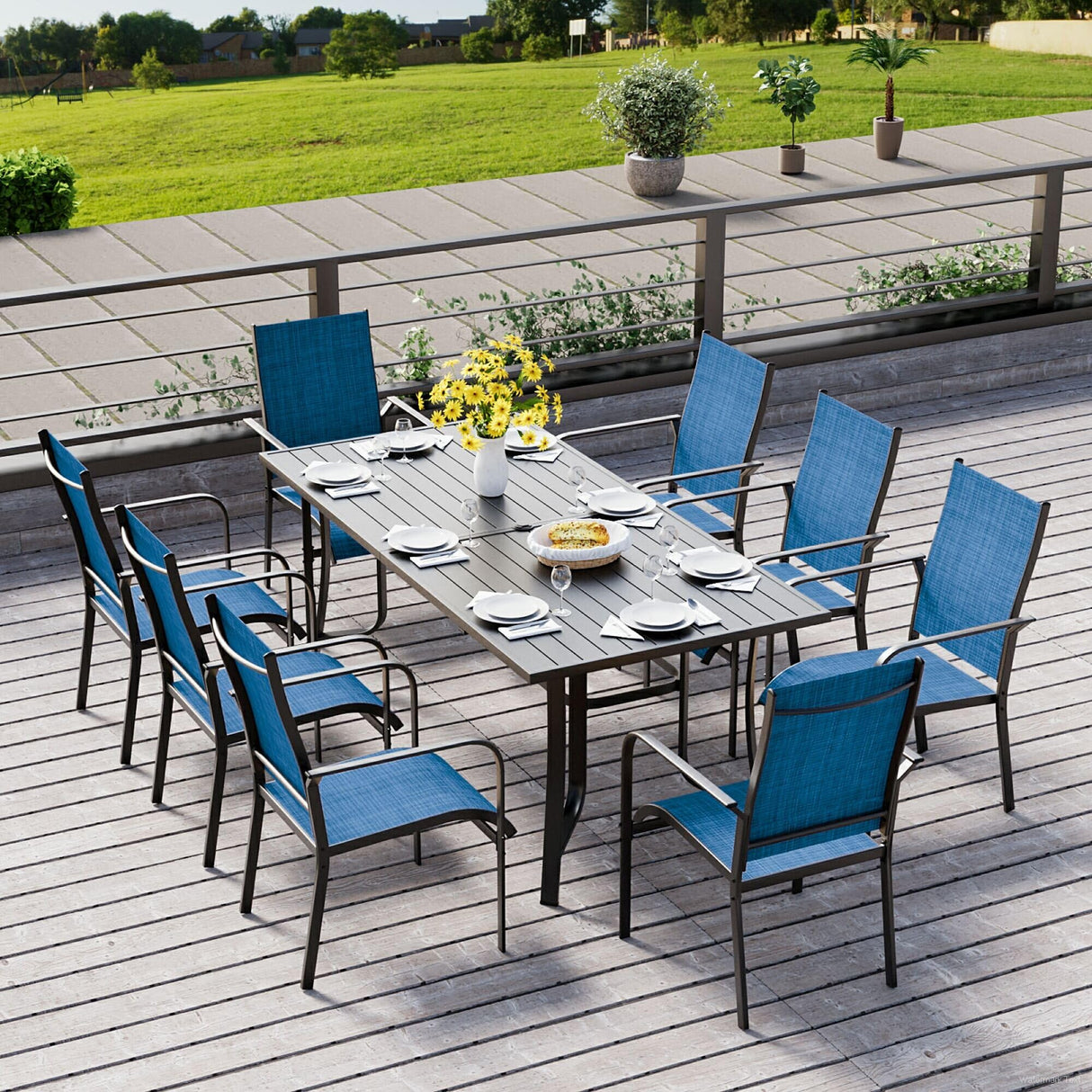 BUPPLEE 9-Piece Outdoor Patio Dining Set with 8 Stackable Dining Chairs, Metal Table with Umbrella Hole, 8-Person Patio Table and Chairs for Backyard, Poolside, Balcony and Garden Blue BUPPLEE