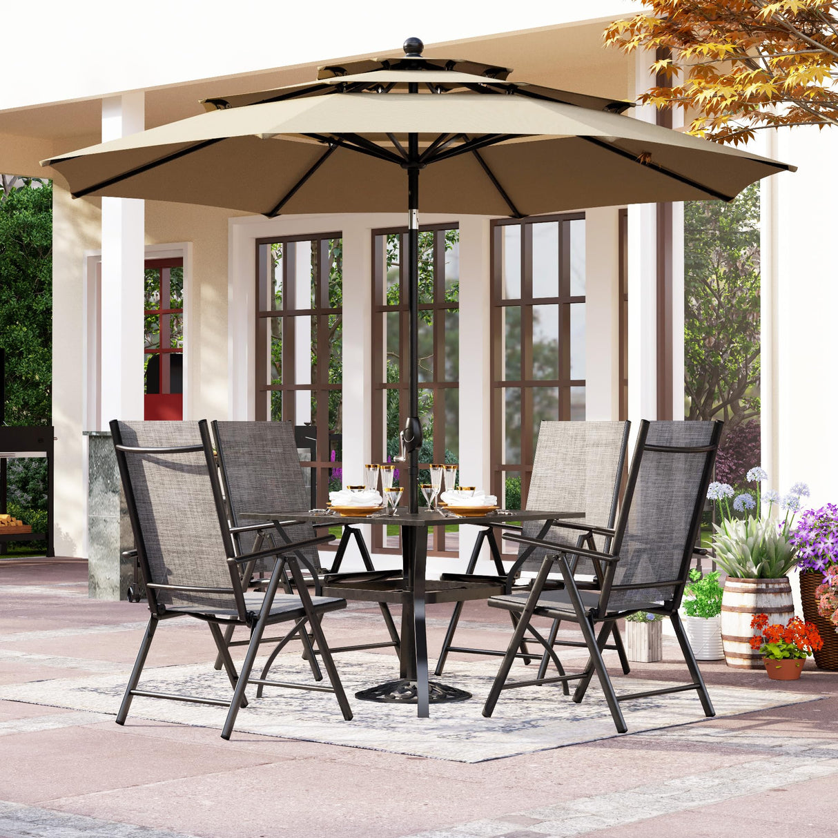PHI VILLA Outdoor Patio Dining Set with 10ft Umbrella for 4, Outdoor Table Chairs Set with Adjustable Folding Patio Chair for Garden PHI VILLA