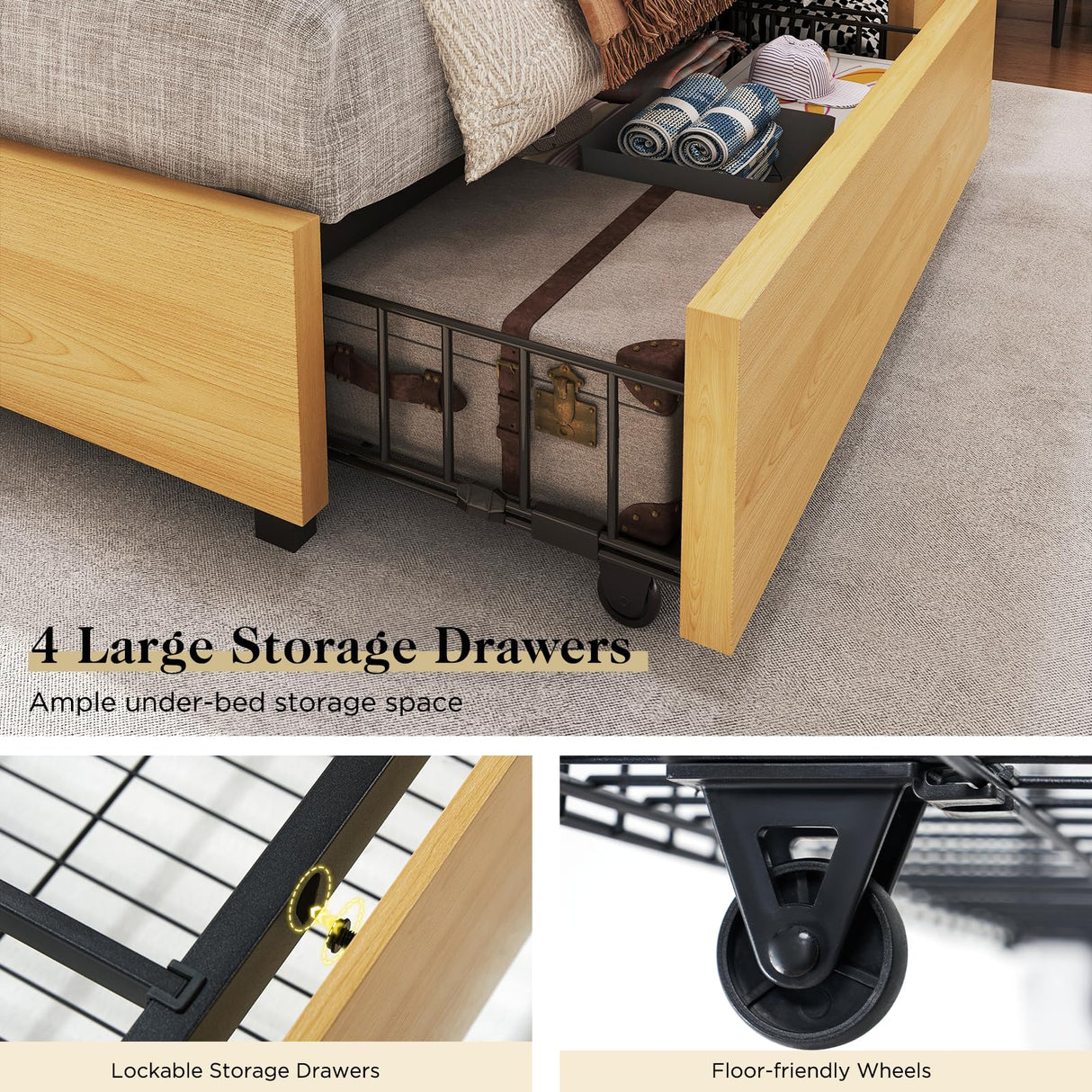 LUXOAK Queen Size Padded Upholstered Bed Frame with Headboard, Platform Bed Frame with 4 Storage Drawers & Private Storage, Bookcase Bed Frame with Charging Station, No Box Spring Needed, Maple LUXOAK