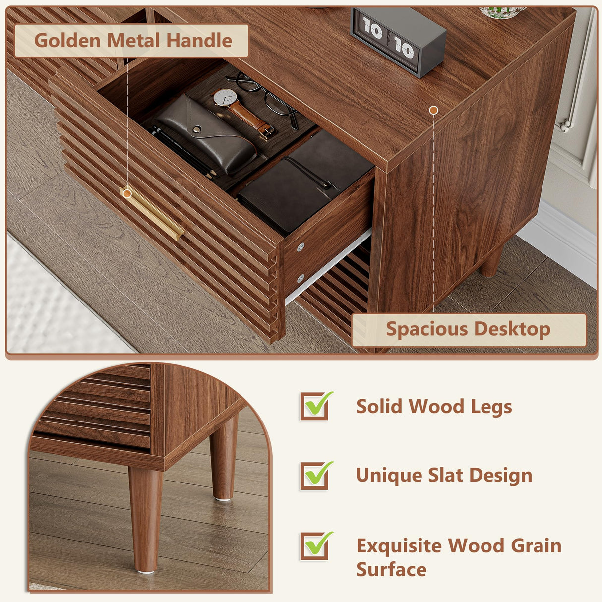 Whalefall Night Stands with Charging Station Set of 2, Mid Century Modern Nightstand, Fluted Bedside Table with Drawer, End Table Bed Side Tables for Bedroom, Accent Tables with Wood Legs, Brown 2pcs Whalefall