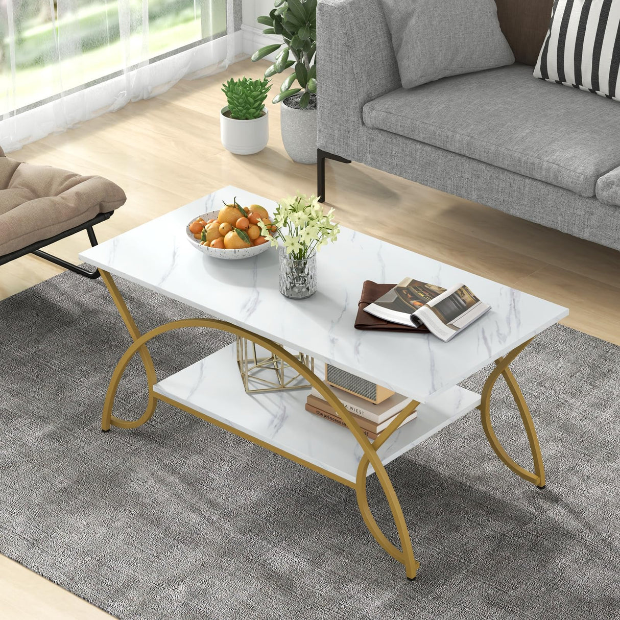 COSTWAY Marble Coffee Table, 2-Tier Modern Faux Marble Accent Table with Storage and Gold Finished Metal Frame, Chic Rectangular End Table for Living Room Office Lounge COSTWAY