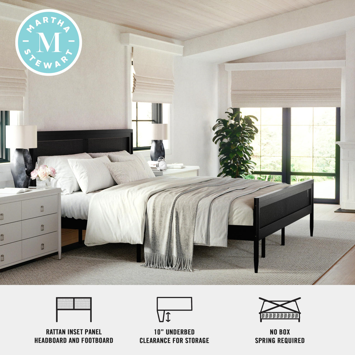 Martha Stewart Jax Platform Bed with Rattan Headboard and Footboard, Solid Wood Frame, Wooden Support Slats, No Box Spring Needed, King Size, Black Martha Stewart