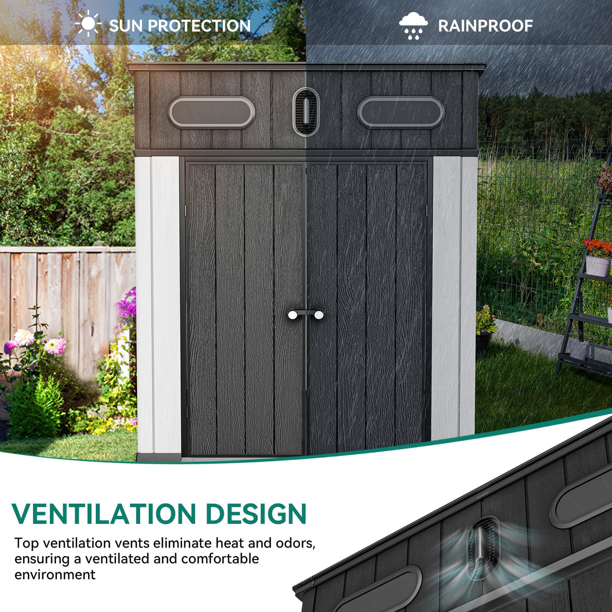 YITAHOME 6x6 ft Outdoor Resin Storage Shed, Waterproof Garden Shed with Windows, Floor, Double Doors, Weather-Resistant Lockable Tool Organizer for Outdoor Tools, Supplies, Bikes, Gray YITAHOME