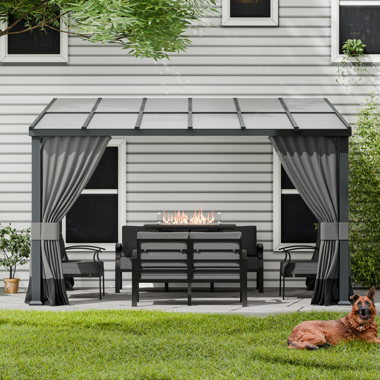 ASJMR 10x12FT Gazebo, Hardtop Wall Mounted Gazebo with Sloping Sun Panel Roof, Awnings for Patio with Metal Frame, Double Curtains for Garden, Lawn, Backyard Deck, Sand ASJMR