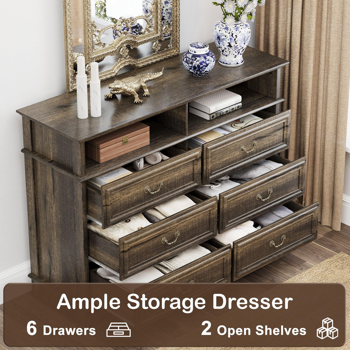 Yechen Farmhouse 6 Drawers Double Dresser, 47'' Wide Dresser Chest of Drawers with 2 Open Shelves, Dresser TV Stand, Rustic Wood Storage Dresser Organizer for Bedroom, Hallway, Entryway, Living Room Yechen