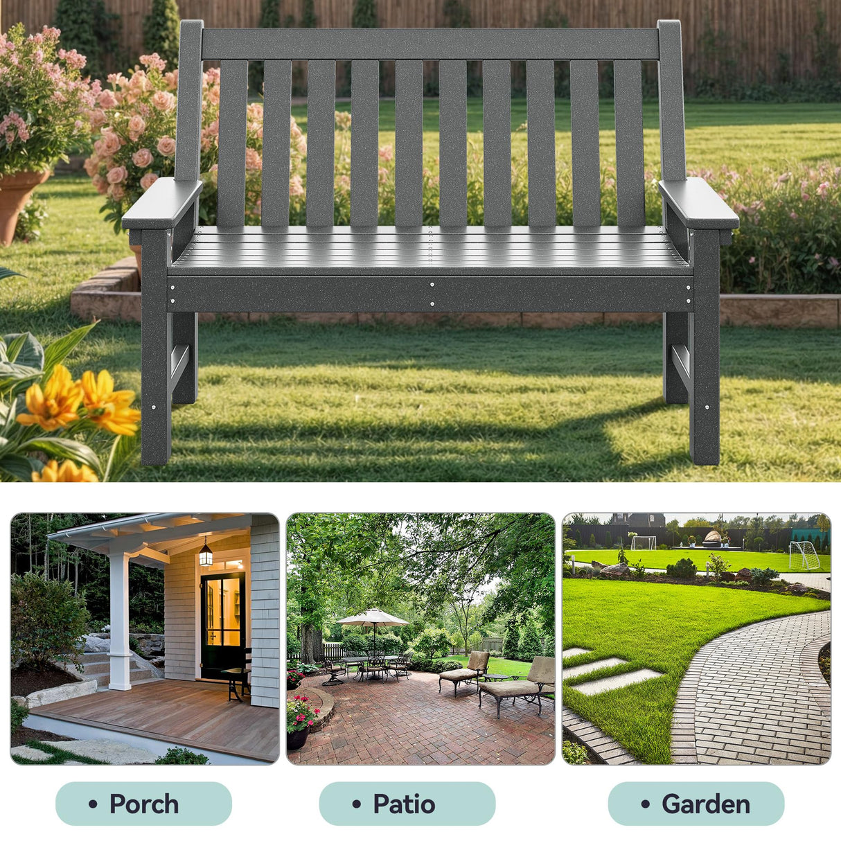 YITAHOME Garden Bench, All Weather Outdoor Bench for 2-3 Persons, Fade/Rot Resistance Patio Benches for Park, Porch, Patio & Backyard (Grey) YITAHOME