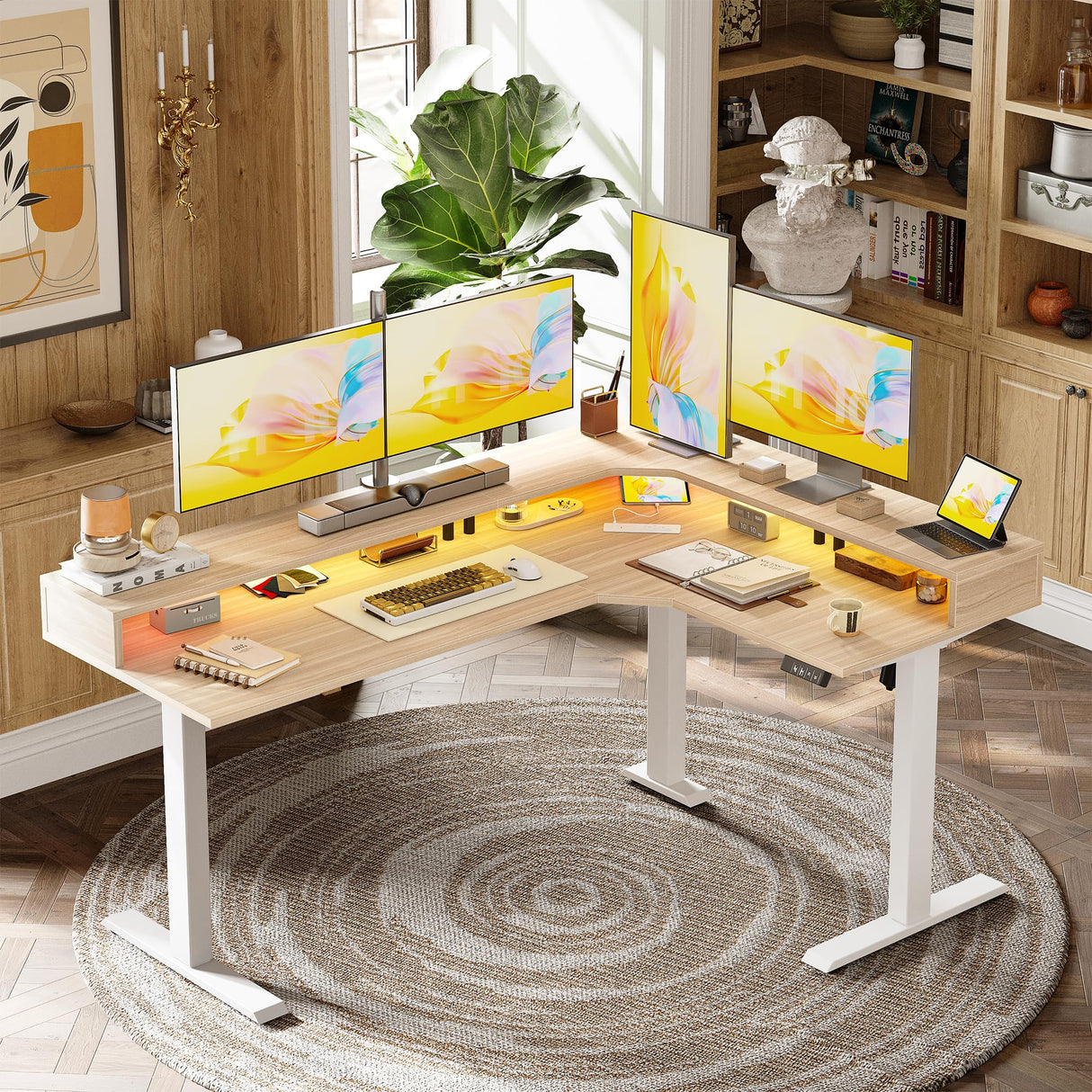 TIQLAB 63'' L-Shaped Standing Desk with LED Light Strip and Power Outlet, Height Adjustable Corner Table with Ergonomic Monitor Stand, Light Walnut TIQLAB