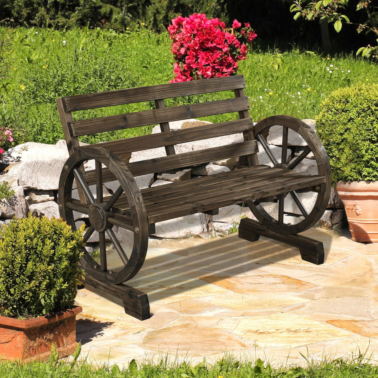 Yaheetech 41in Antique Chariot Wheel Outdoor Bench for 2 - Dark Brown Wooden Garden Furniture Yaheetech