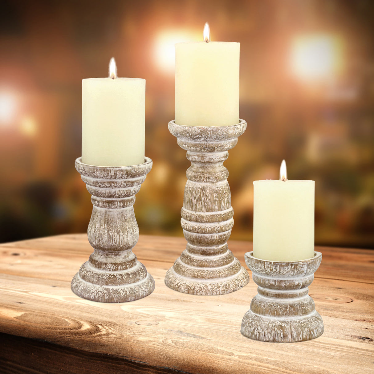 Stonebriar Antique White Wooden Pillar Candle Holder, Vintage Seaside Pillar Stand for Dining Table Centerpiece, Coffee Table, Mantel, Or Any Table Top, Medium Stonebriar