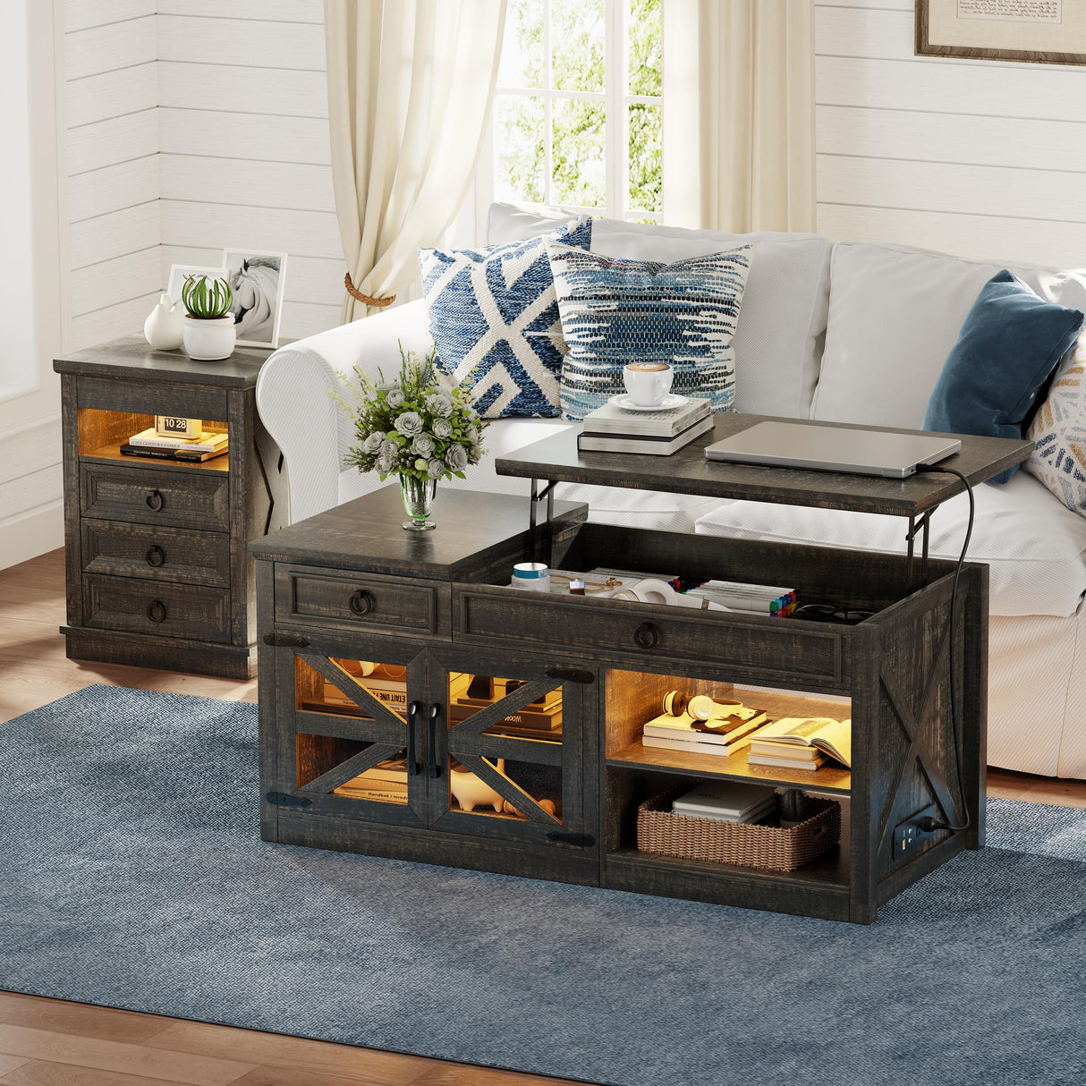 Lvifur 48" W Farmhouse Lift Top Coffee Table with LED Lights & Charging Station, Living Room Center Table with 2 Hidden Storage Compartments, Lifting Tabletop and Adjustable Shelf (Dark Rustic Oak) Lvifur