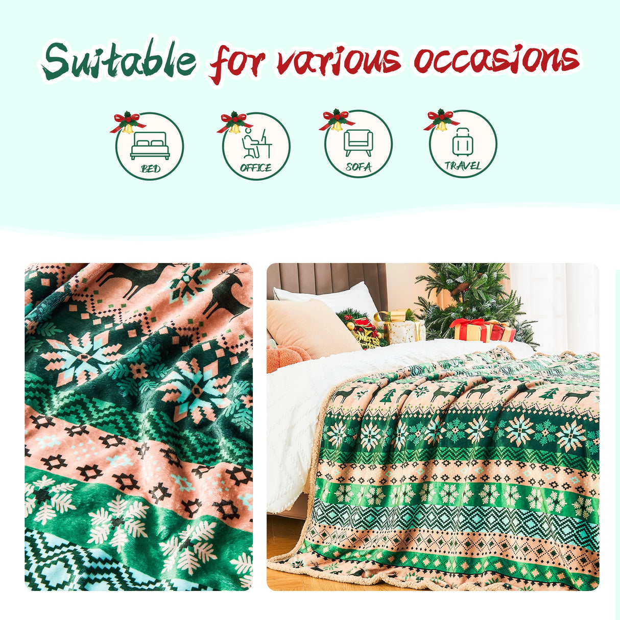 Ramees Christmas Throw Blanket, Christmas Decorations Blankets and Throws, Fuzzy Cozy Soft Warm Fleece Sherpa Winter Holiday Blanket for Bed Couch Sofa Reindeer Snowflakes Ramees