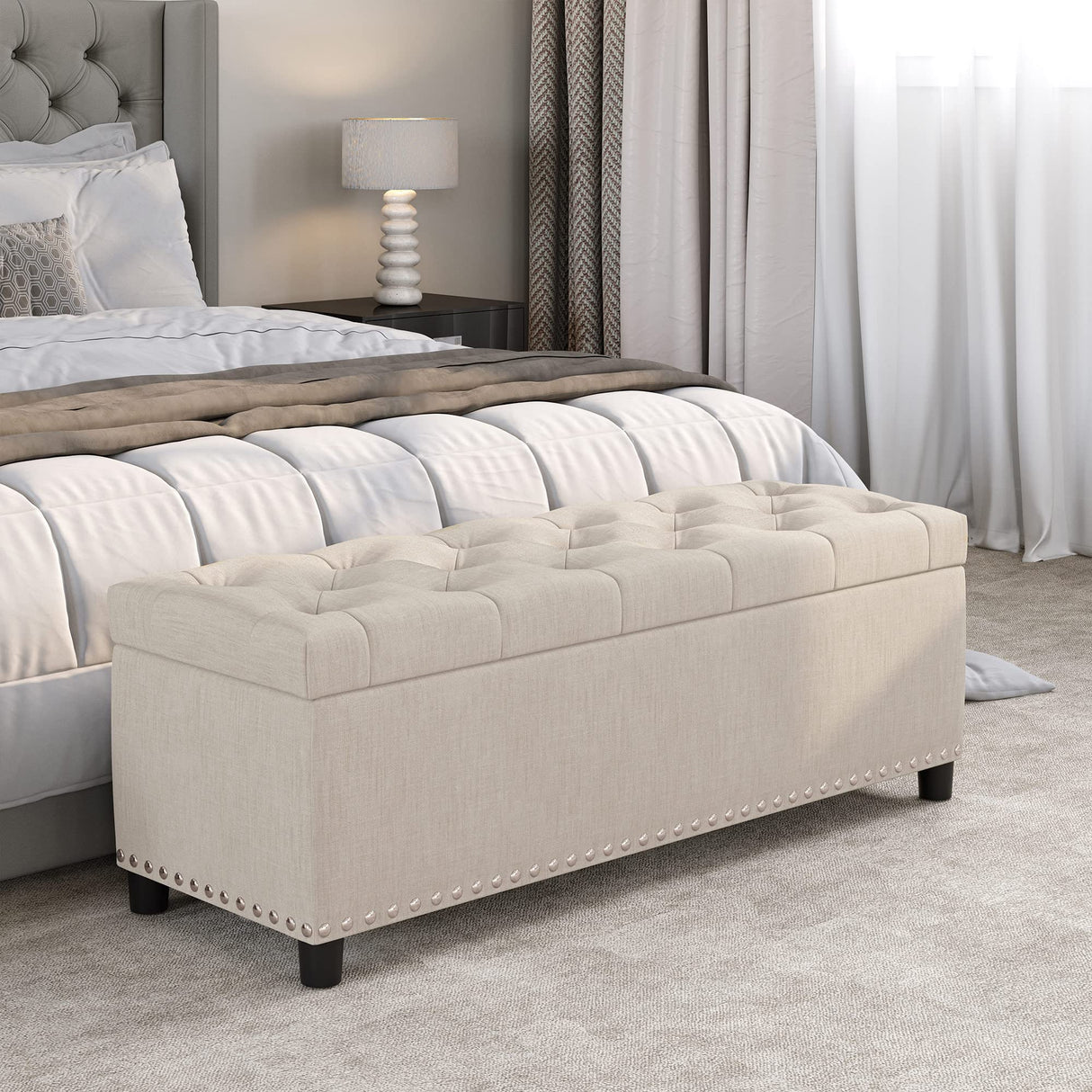 BELLEZE 47" Storage Ottoman, Storage Bench with Safety Close Hinge, Linen Button-Tufted Ottoman for Living Room, Entryway, Hallway, Foot Rest, Support 300lbs - Beige BELLEZE