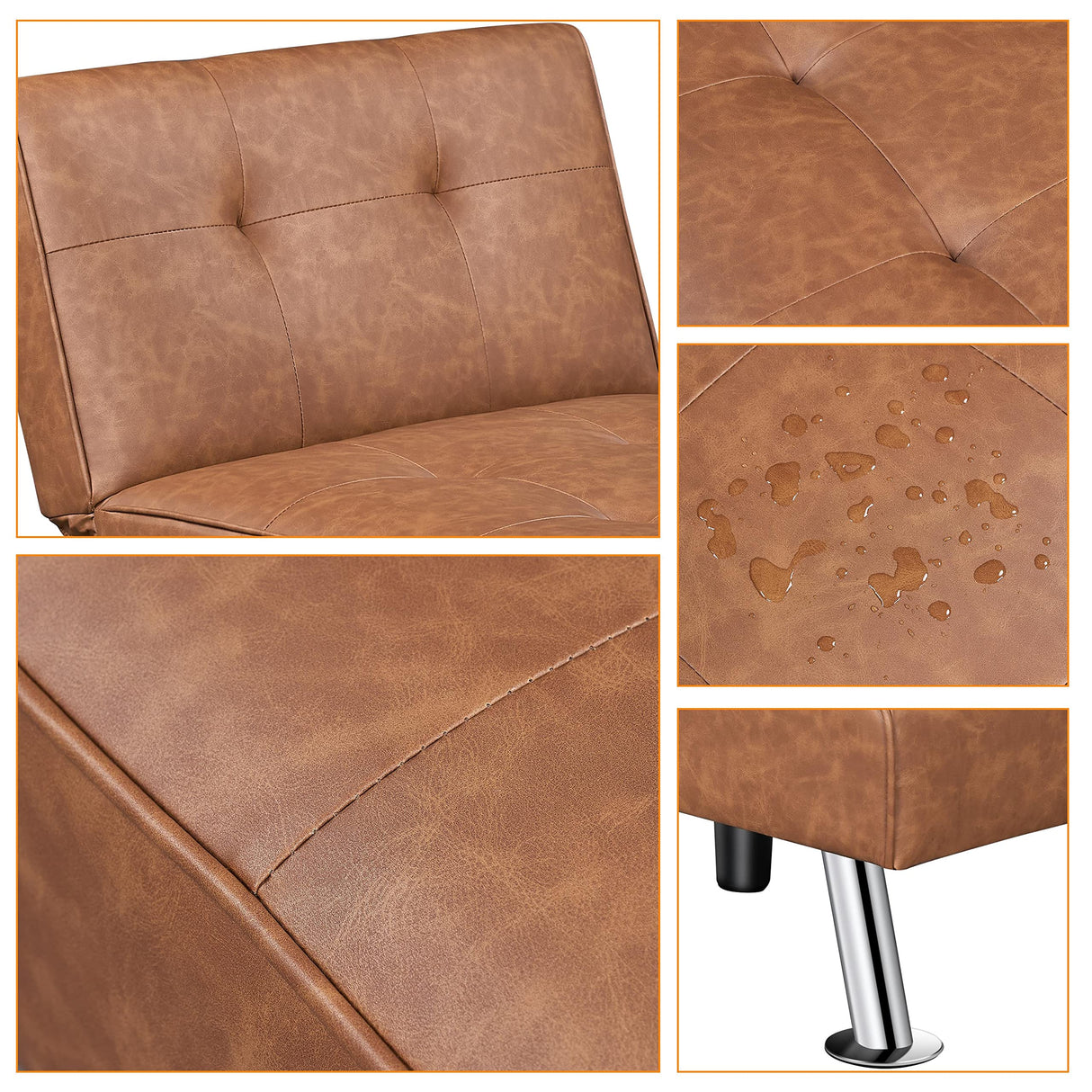 Yaheetech Convertible Sofa Couch Futon Bed Faux Leather Sofa Bed Sleeper Adjustable Loveseat Futon Couch Living Room Furniture with Chrome Metal Legs, Brown Yaheetech