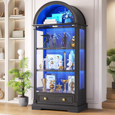 Black Curio Cabinet with Glass Doors, 72" Tall Arched Display Cabinet with Human Sensor Lights, 4-Tier Display Case for Collectibles Bookcase Living Room
