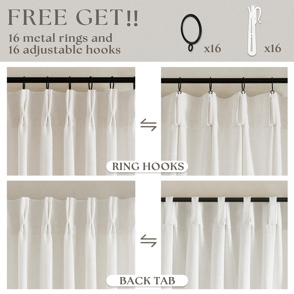 Pinch Pleated Linen Curtains 108 Inches long for Living Room 2 Panels Set Cream Ivory Flax Double Pleated Drapes Back Tab Neutral Boho Ceiling Floor 108 Inch Window Curtains Bedroom Natural Birch TWODRAPES