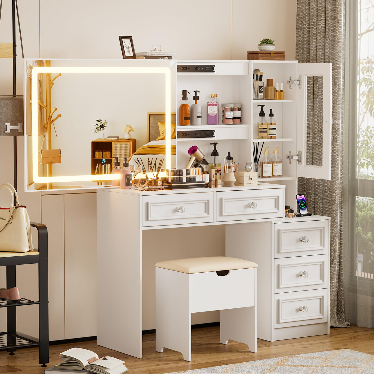 PAKASEPT Vanity Desk with Sliding Mirror and Lights, 44" Makeup Vanity Table with Glass Top, 5 Drawers, Storage Cabinet, 2 Hidden Storage Shelves, Charging Station & Stool Set for Bedroom, White PAKASEPT