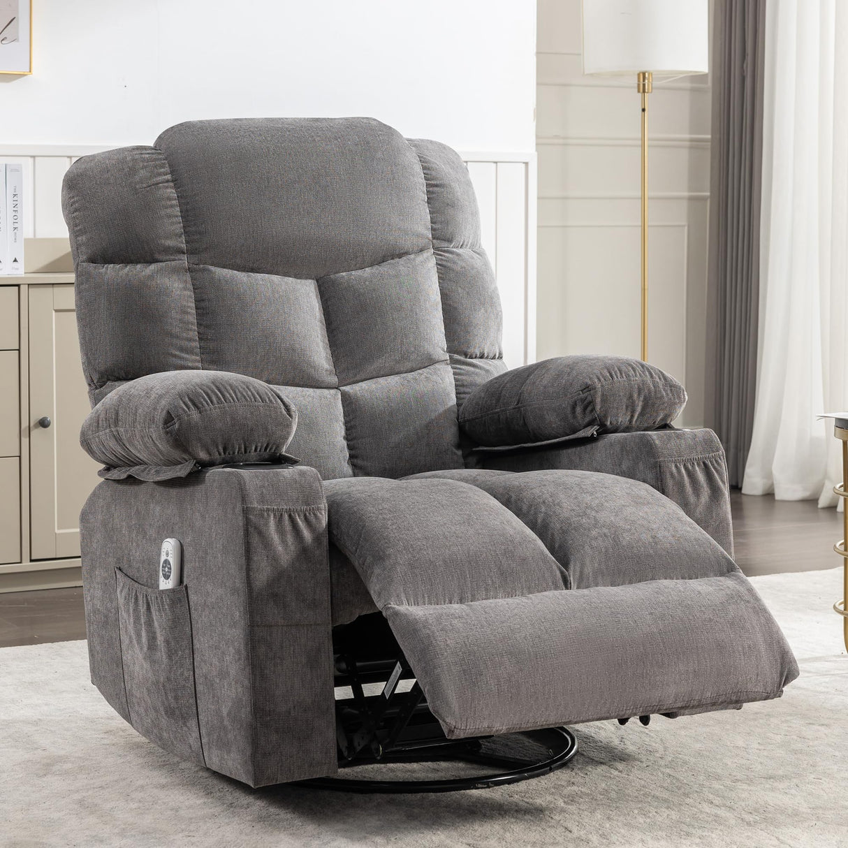 Oversized Massage Swivel Recliner Chair with Lumbar Heating for Living Room Rocker Recliner Single Sofa with Cup Holders and USB Charge Port, Large Big Chair Recliners for Adult MAHOMICO