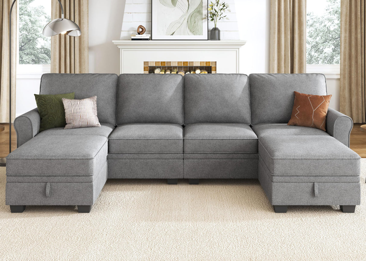 HONBAY Sectional Sofa with Storage Seat U Shaped Sectional Couch with Reversible Chaise Convertible Sectional Couches for Living Room,Light Grey HONBAY