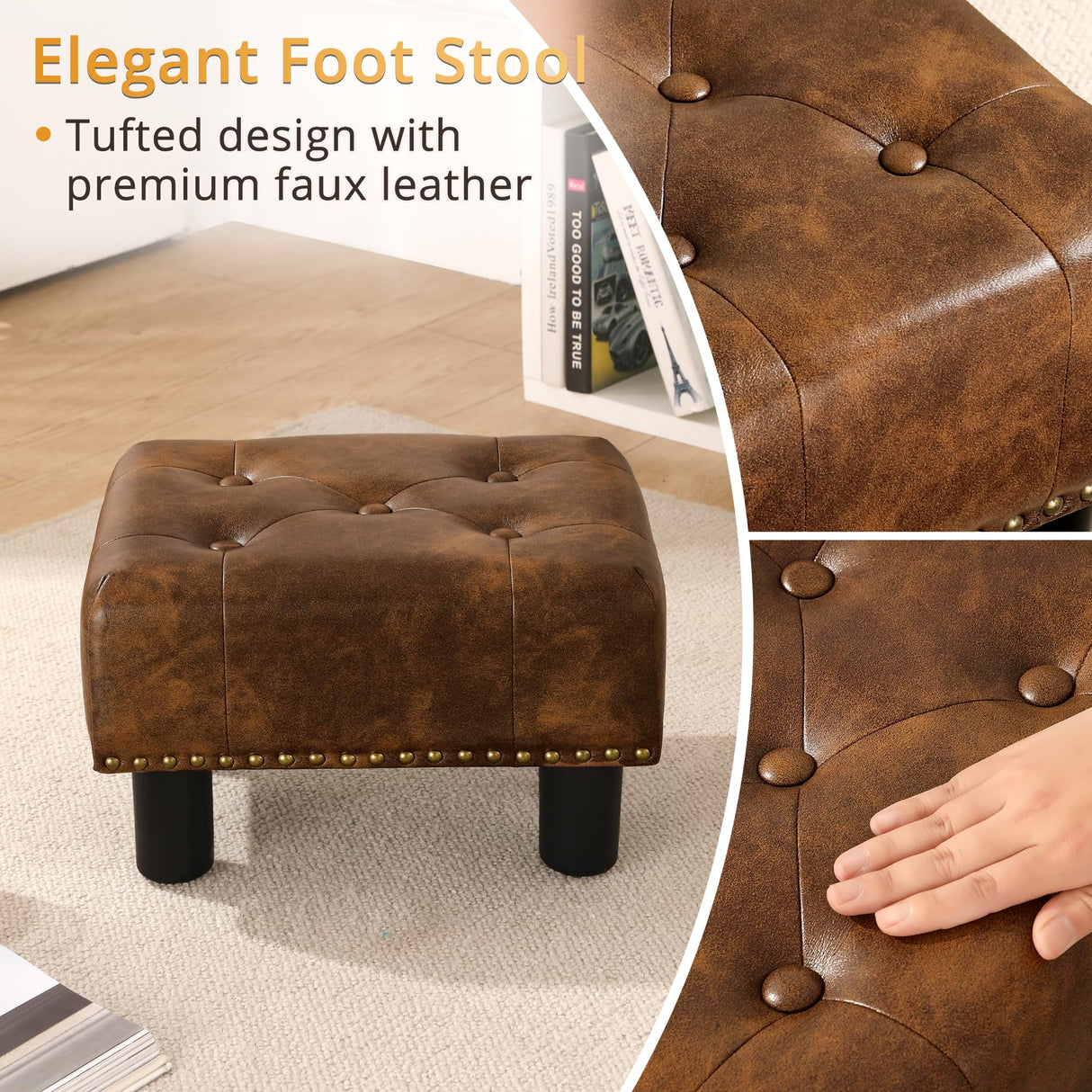 LUE BONA Small Tufted Foot Stool, Yellowish Brown Rivet Faux Leather Footrest with Plastic Legs, 9''H, Rectangle Foot Stools for Adult with Non-Slip Pads, Sofa Footstool for Living Room, Couch LUE BONA