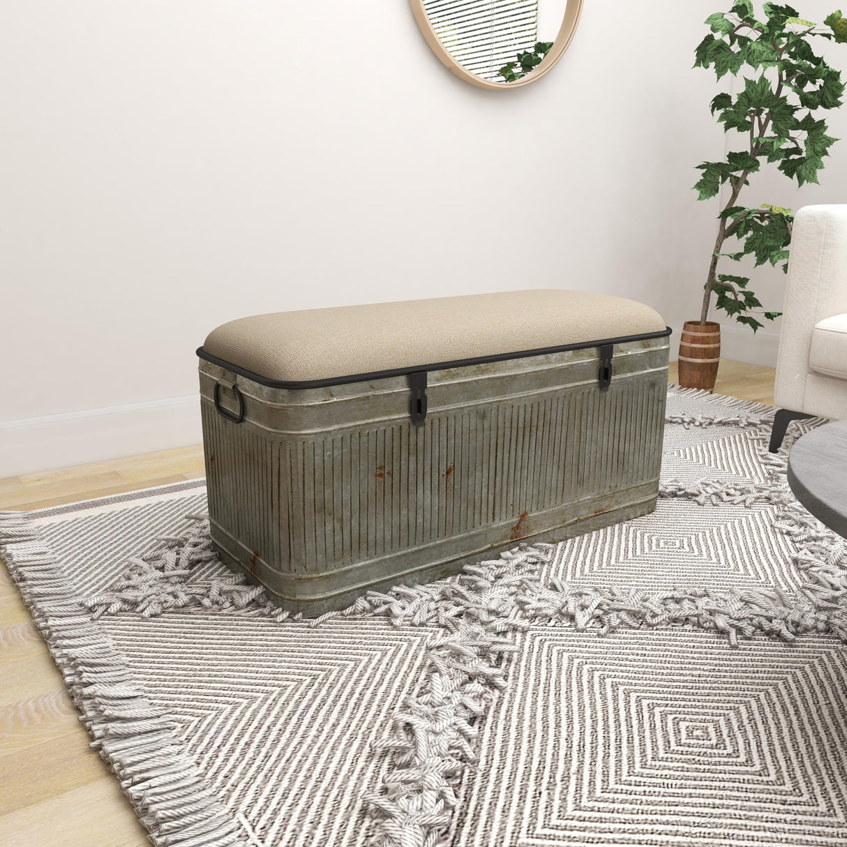 Deco 79 Metal Room Storage Bench Galvanized Entryway Bench with Cream Burlap Top and Black Latches, Bench 38" x 16" x 19", Gray Deco 79