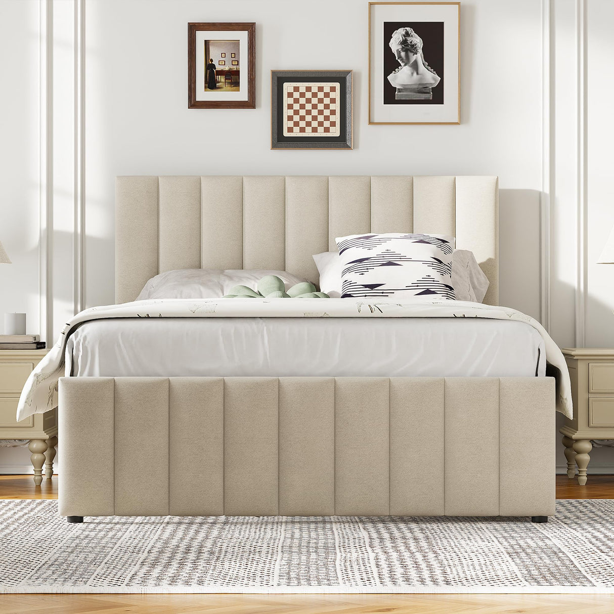 Merax Full Size Upholstered Platform Bed with Trundle and 3 Storage Drawers, Full Bed Frame & Tall Stripe Headboard for Bedroom, Solid Wood Slats Support, No Box Spring Needed, Easy Assembly, Beige Merax