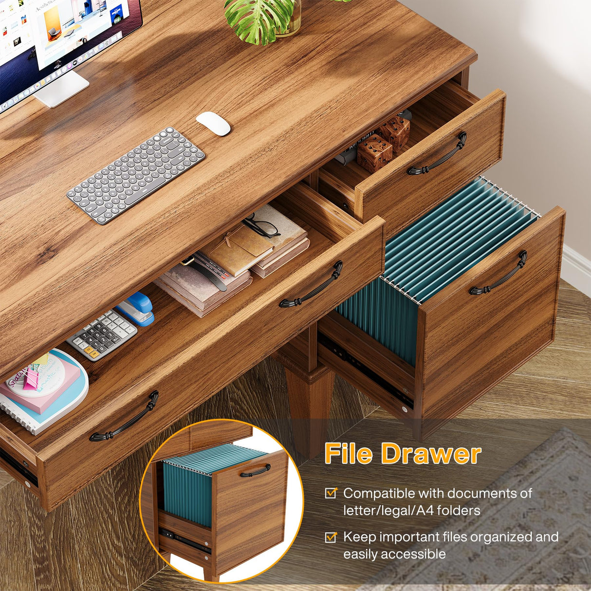 Tribesigns 47" Computer Desk with 3 Drawers, Farmhouse Office Desk with Storage, Wood Teacher Desk Writing Table with File Drawers for Home Office, Bedroom, Study Room, Brown Tribesigns