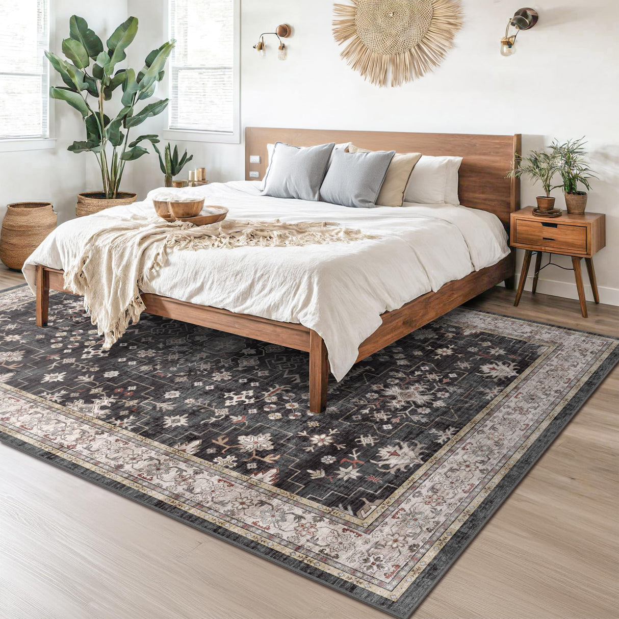 Black Farmhouse Washable 8x10 Area Rugs for Living Room, Bedroom, Dining Room Kitchen Table Rug for Under Table, Office, Dark Charcoal Tumble Stain Resistant Non-Slip Large Washable (8x10 Black/Multi) Hazo Haus