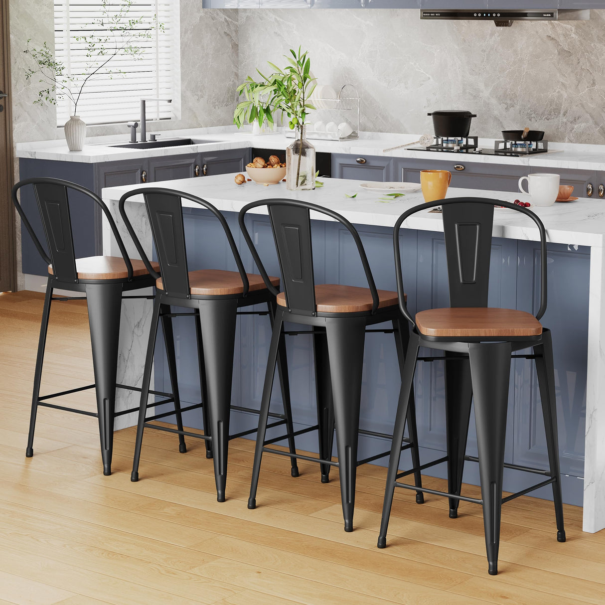 Alunaune 24" Swivel Metal Bar Stools Set of 4 High Back Counter Height Barstools Industrial Dining Bar Chairs with Large Wooden Seat-Matte Black Alunaune