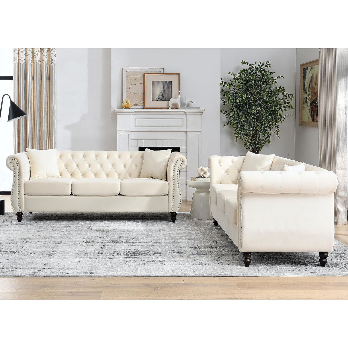 80" 2 Piece 3-Seater Velvet Chesterfield Sofa for Living Room,Combination Sofa with 4 Pillows,Button Tufted Trimming Curved Backrest Rolled Arms with Black Legs (Beige, 80" 3+3 Seat Velvet Sofa Sets) eluvatery